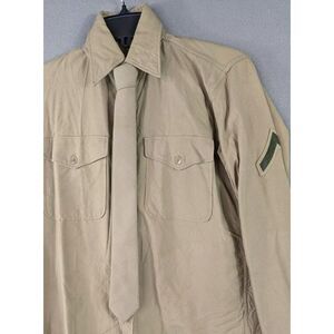 Army Military Surplus Small 70s' Canvas L Sleeve Button Shirt Tan Rank Patch Tan